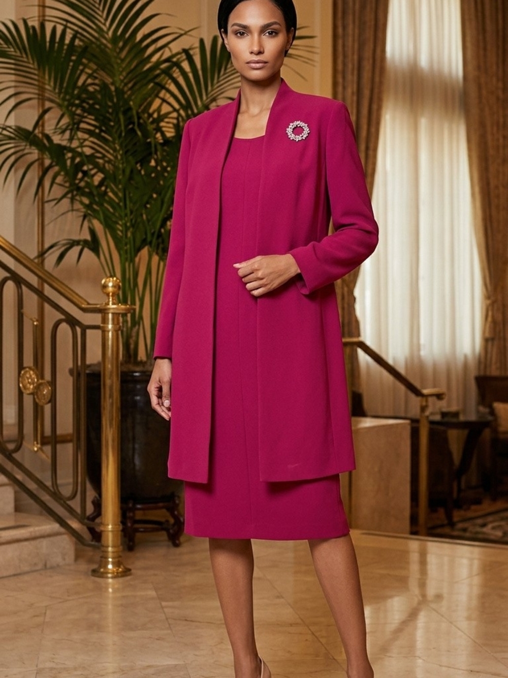 dressbarn Magenta Open-Front Long Coat and Dress Set